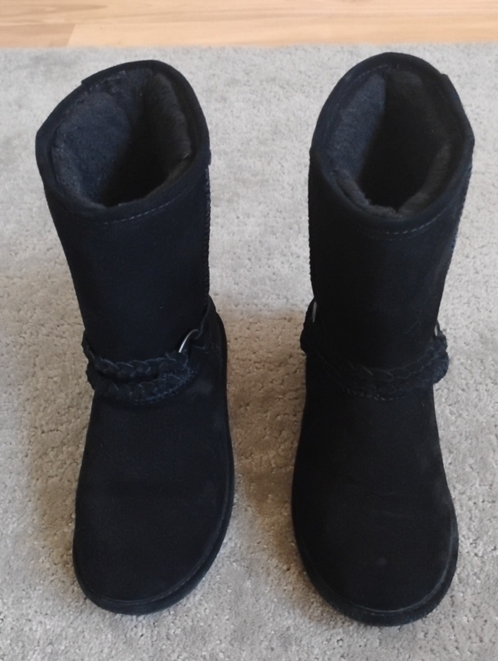 BearPaw  Women's Size 7.Black Suede Pull-On Boots with Braided Strap. Very Good